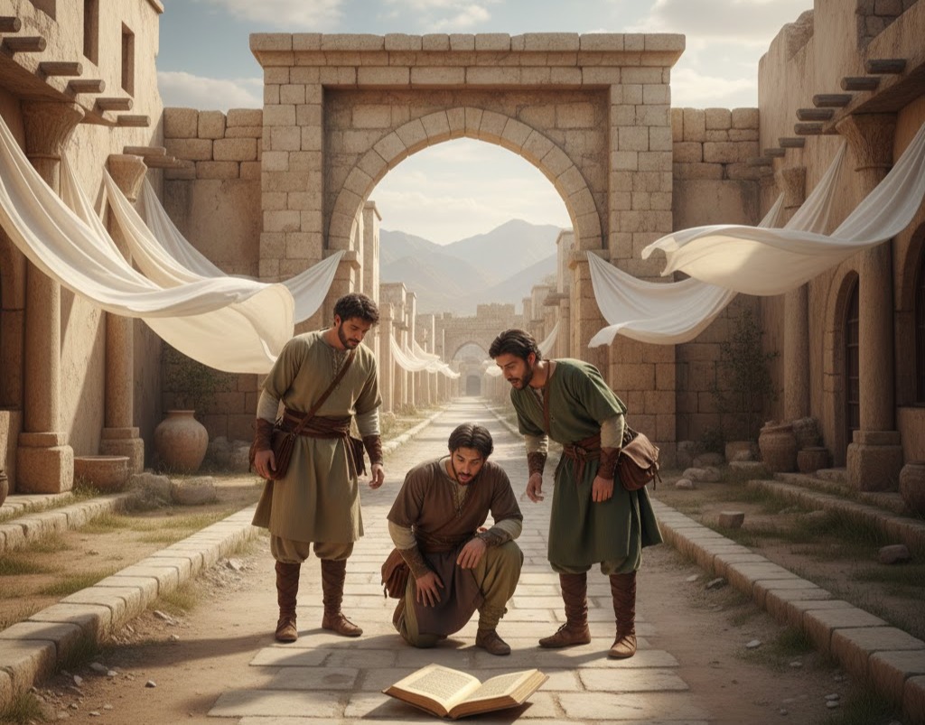 Immagine: Tre viaggiatori in abiti antichi si fermano in una strada di pietra tra edifici storici e osservano un libro aperto trovato per caso a terra, simbolo di scoperta inattesa, viaggio e serendipità.