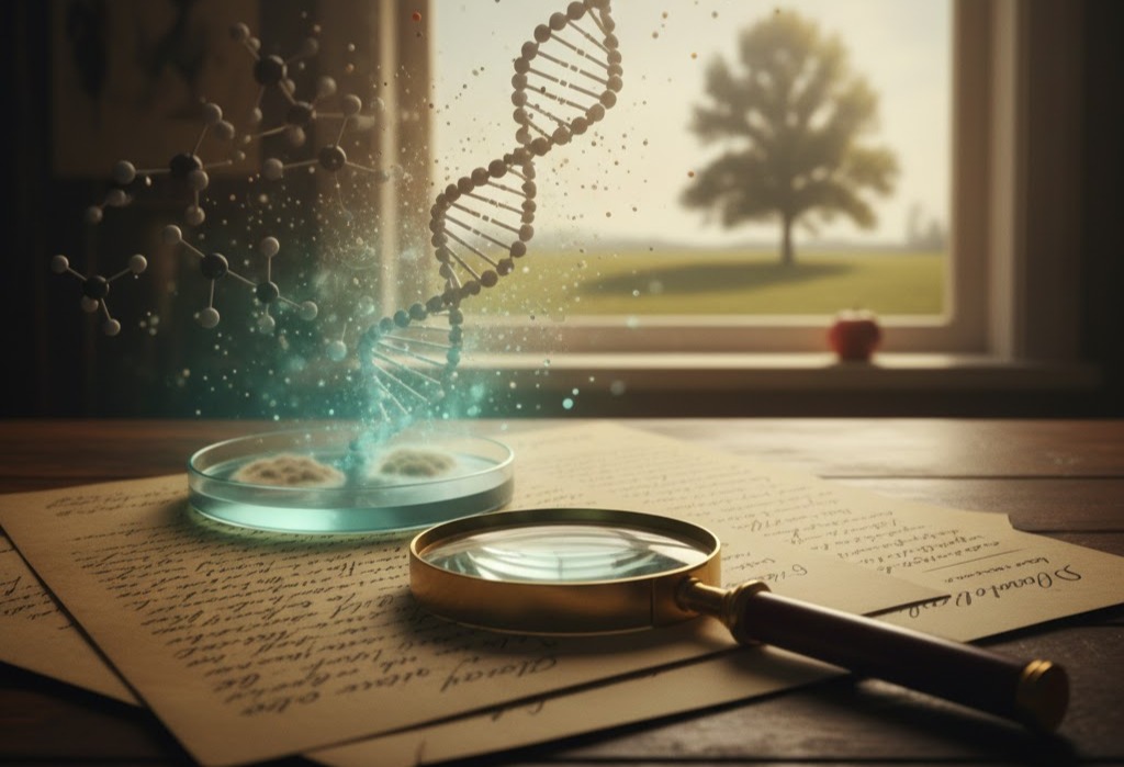 Immagine: una rappresentazione creativa e suggestiva di una molecola di DNA che sembra emergere da una piastra di Petri, fluttuando sopra documenti scientifici scritti a mano su un tavolo in legno. Una lente d’ingrandimento è appoggiata accanto ai fogli, mentre sullo sfondo si intravede una finestra con una vista luminosa su un albero e un campo. Sul davanzale, una mela a richiamare la teoria di Newton.