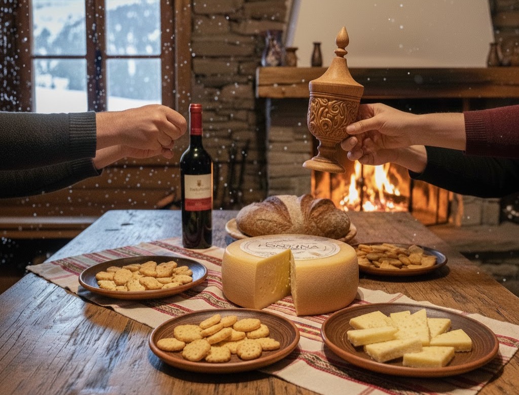 Immagine: Interno baita valdostana con camino acceso, mani che condividono grolla e coppa dell’amicizia, Fontina DOP con logo e tegole, neve fuori dalla finestra