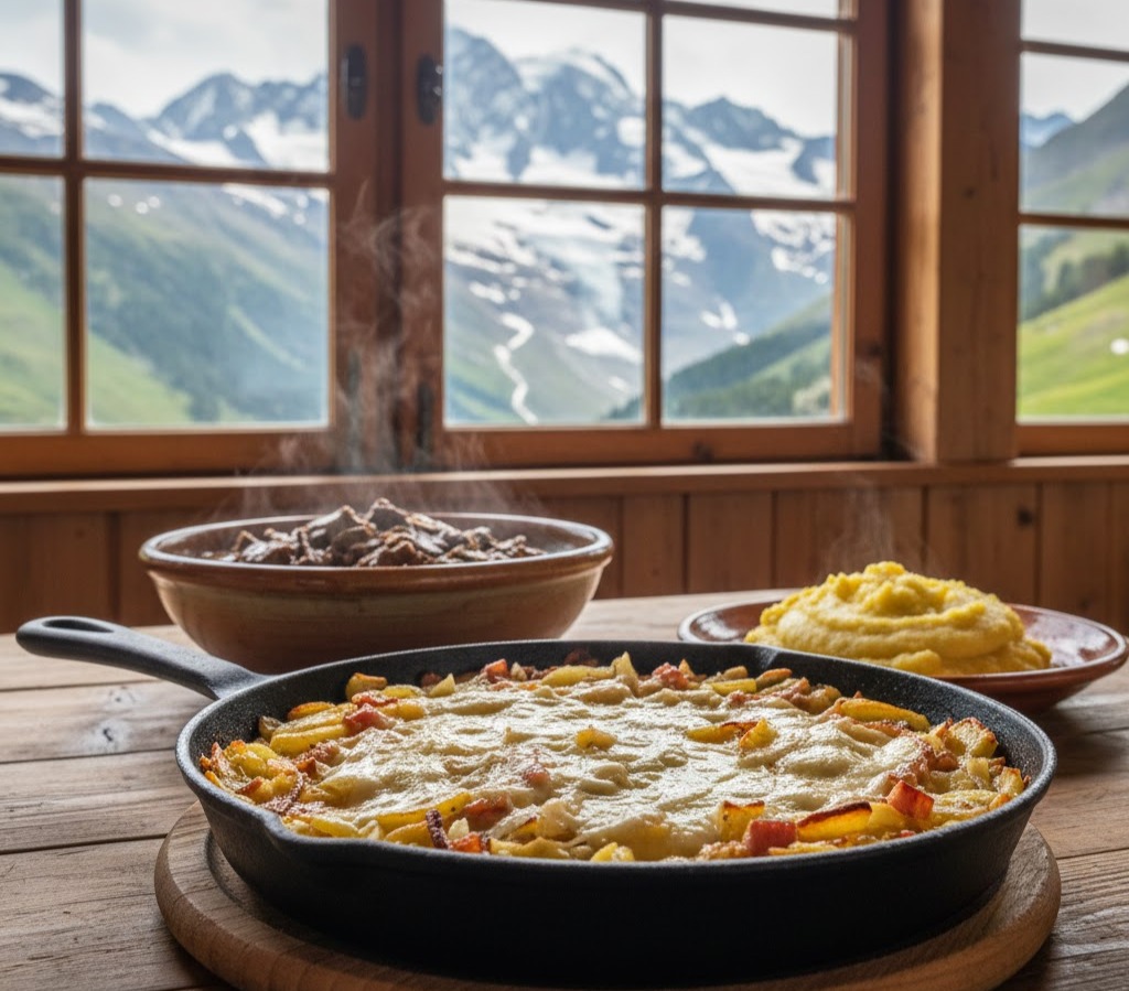 Immagine: tavolo rustico in baita della Valdigne con Tartiflette e Carbonada fumante, Monte Bianco sullo sfondo, atmosfera montana autentica.