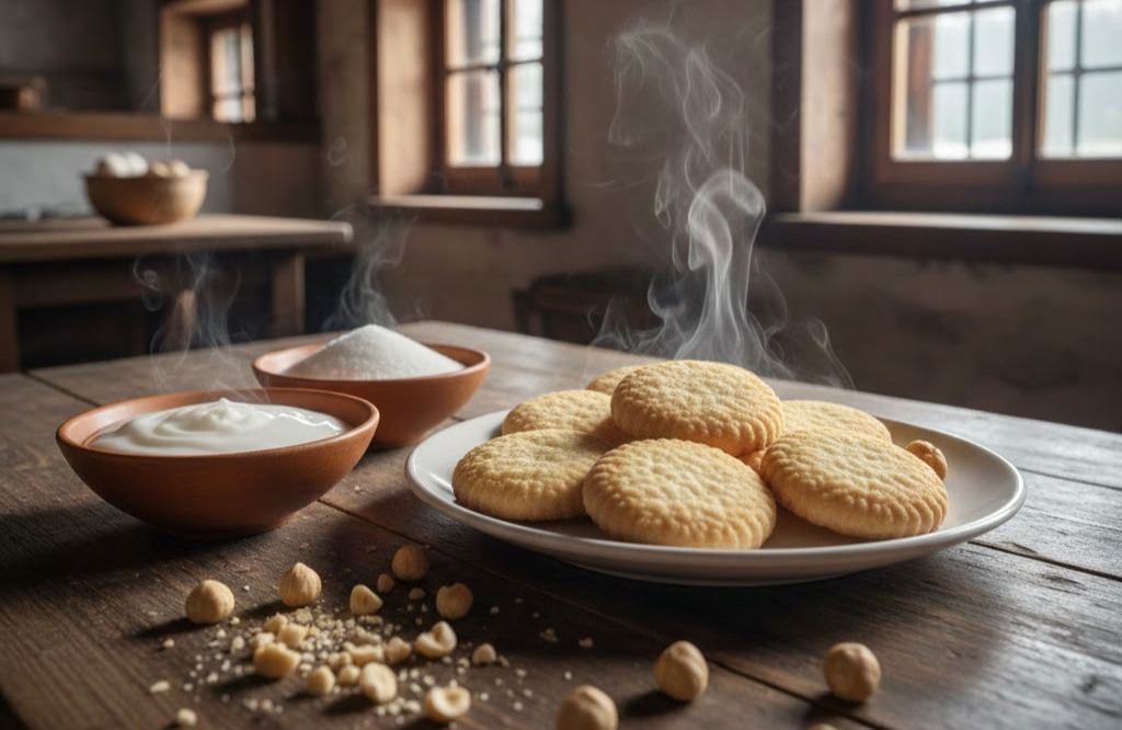 Immagine: piatto di Tegole valdostane fumanti su tavolo rustico in cucina di baita, con ciotole di albumi, zucchero e nocciole, atmosfera calda.