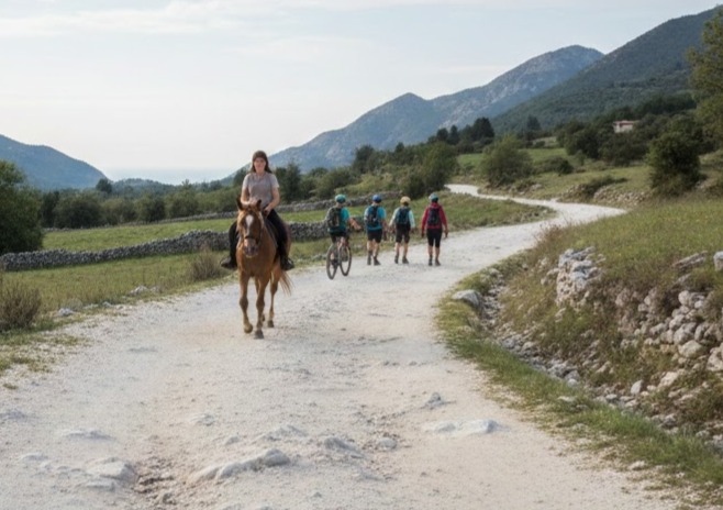 Immagine: sentiero delle vie del sale con cavallerizza a cavallo, escursionisti e ciclisti su strada bianca tra montagne e natura storica