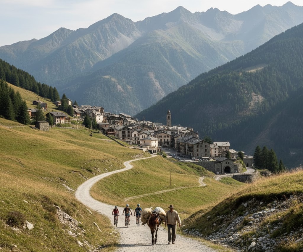 Immagine: Limone Piemonte sulle Vie del Sale, mulattiere storiche con mulo carico di sale, escursionisti e paesaggio montano con case in pietra e crinali