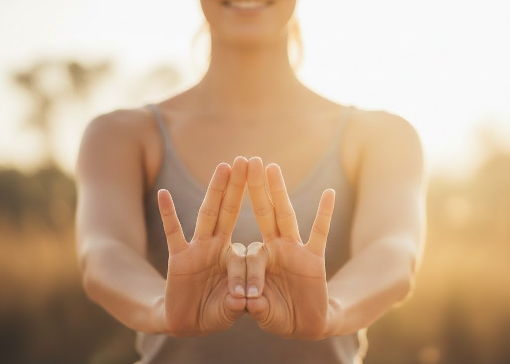 Immagine: Persona in meditazione esegue Surya Mudra con mani illuminate da luce solare, gesto energetico per vitalità, risveglio interiore e benessere quotidiano consapevole zen
