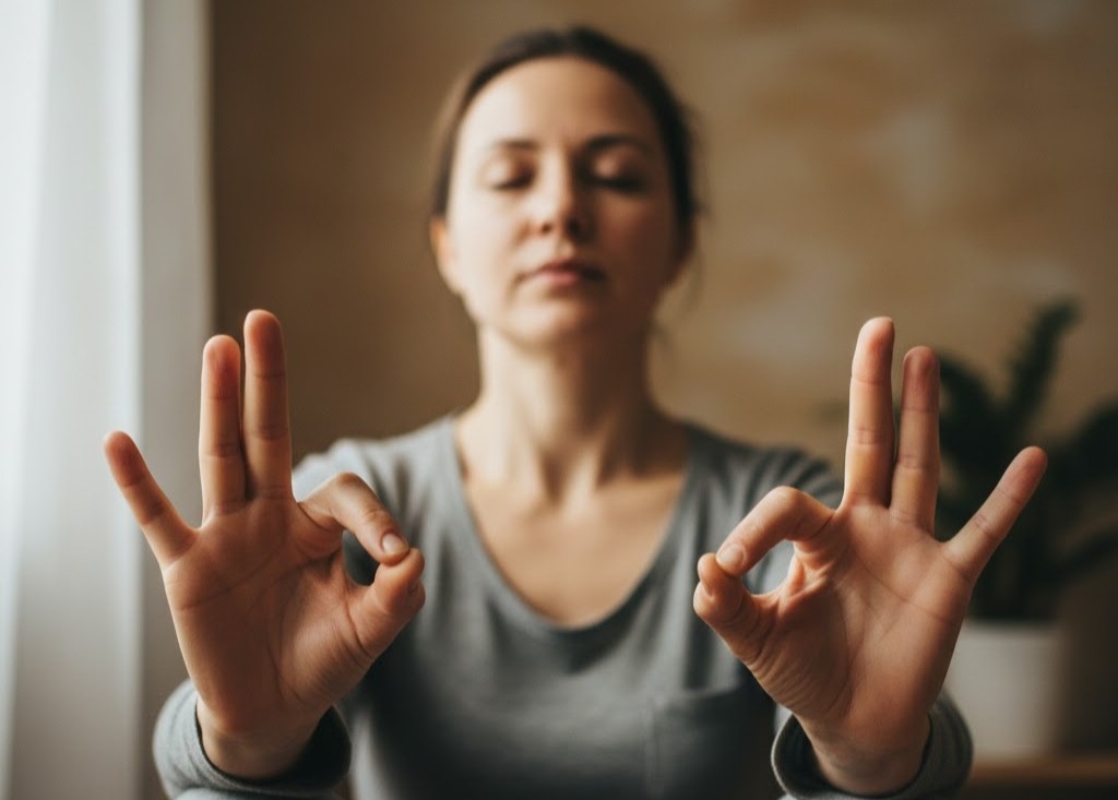 Immagine:Persona in meditazione mostra Vayu Mudra con mani in primo piano, gesto per calmare mente, ridurre ansia e favorire rilassamento e sonno profondo