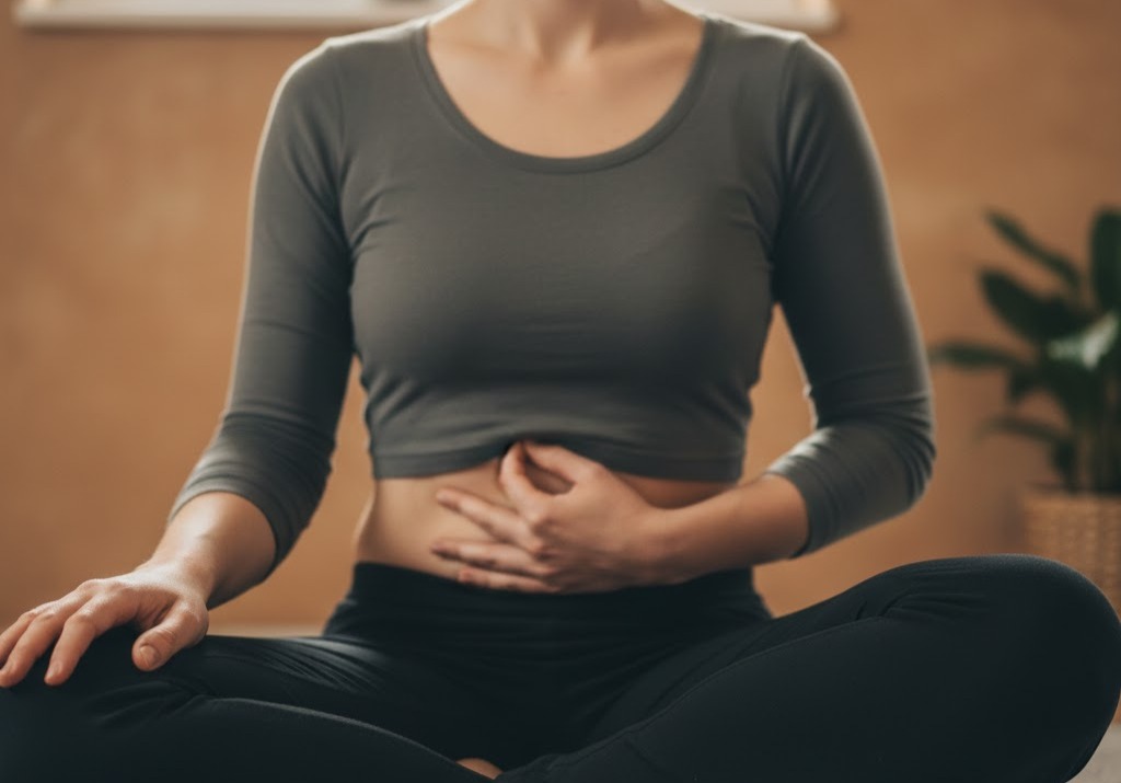 Immagine:Persona mostra Mukula Mudra con mano sull’addome e cerchi delicati attorno all’ombelico, gesto per armonia, benessere intestinale e vitalità interna