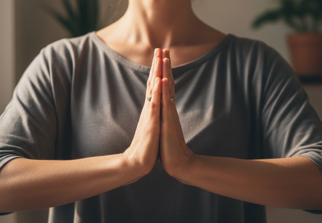 Immagine:Persona in meditazione con mani unite davanti al petto, punte delle dita a contatto, gesto armonioso per energia, protezione e amore interiore