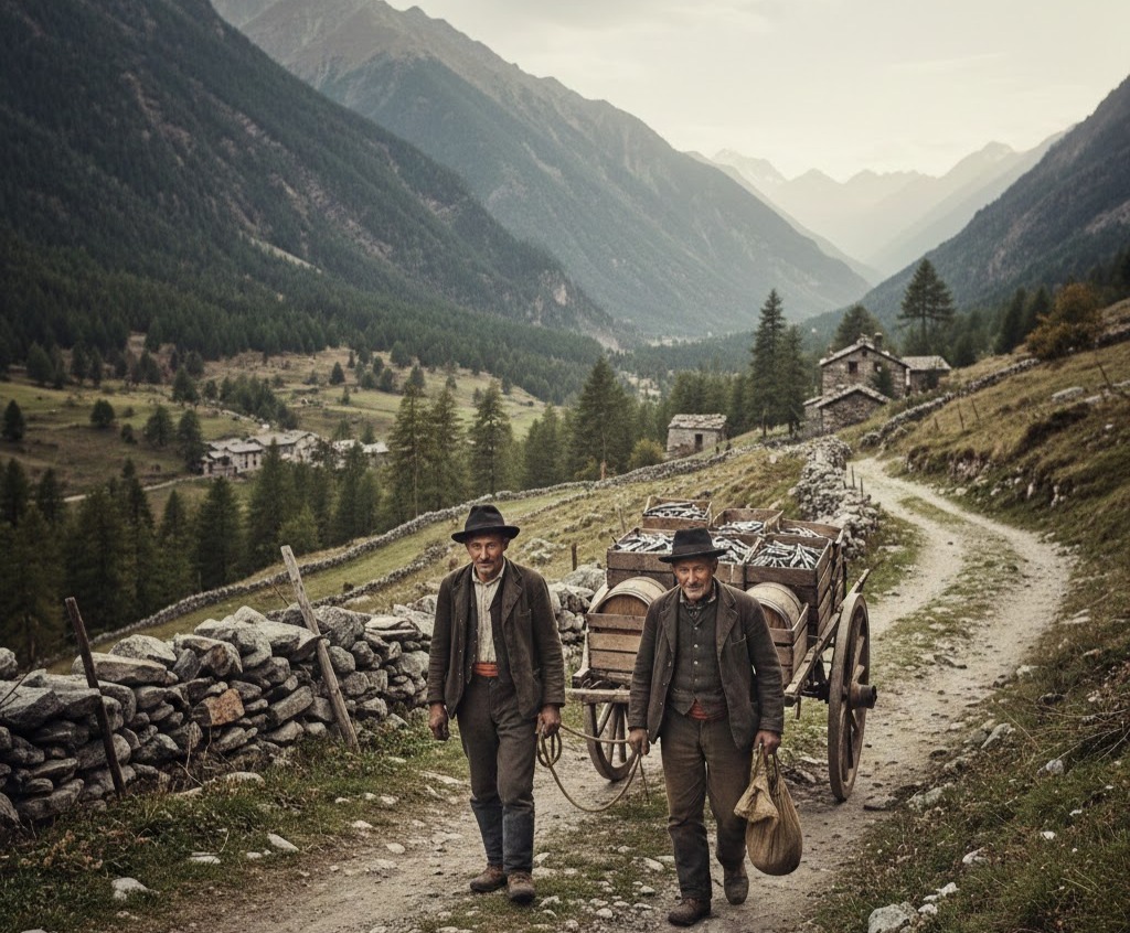 Immagine: Acciugai piemontesi con carro di legno trainato da muli percorrono un’antica via del sale tra le Alpi, simbolo del commercio tra mare e montagna.