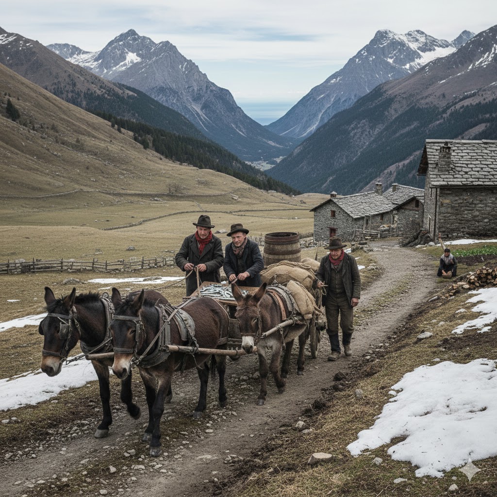 Immagine: Carovana di asini carichi acciughe su un sentiero di montagna. Sullo sfondo tra le mntagne il mare a ricordare il legame tra i 2 ambienti