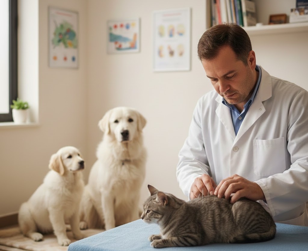 Immagine: Veterinario che pratica l'agopuntura su un gatto tigrato. Sullo sfondo un cane maremmano e il suo cucciolo osservano