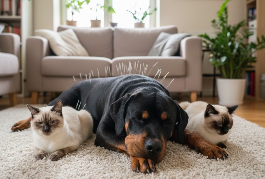 Immagine: Cane segugio (con colori del rotwiler) che riceve l'agopuntura. Accanto 2 gatte siamesi in ambiente domestico rilassante. Agopuntura veterinaria per cani e gatti