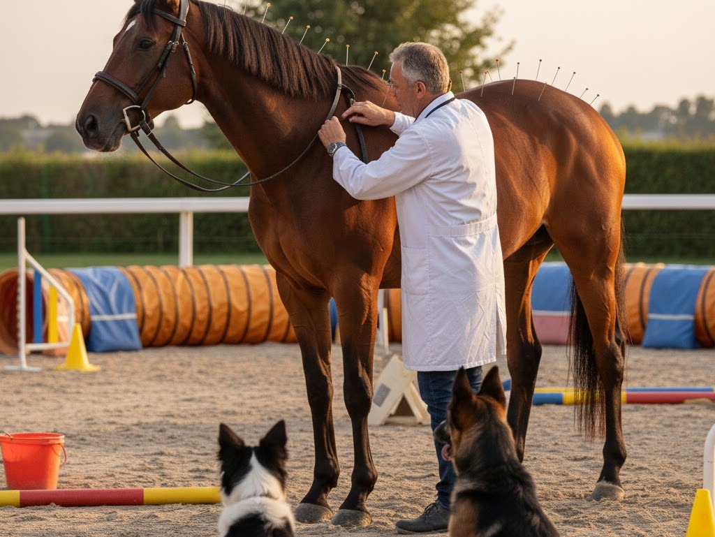 Crea un'immagine a partire da questo: Un veterinario, pratica l'agopuntura su un cavallo da corsa in un paddock, con 2 cani da lavoro che osservano nelle vicinanze circondato da oggetti da agility e attrezzature da lavoro. Agopuntura veterinaria per cani e gatti.