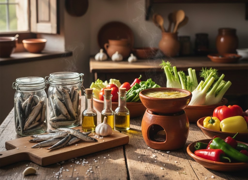 Immagine: Tavolo rustico in una casa piemontese con barattoli di acciughe sotto sale, oli, aglio e un fuiot con bagna càuda calda circondato da verdure da intingere, simbolo della tradizione gastronomica piemontese