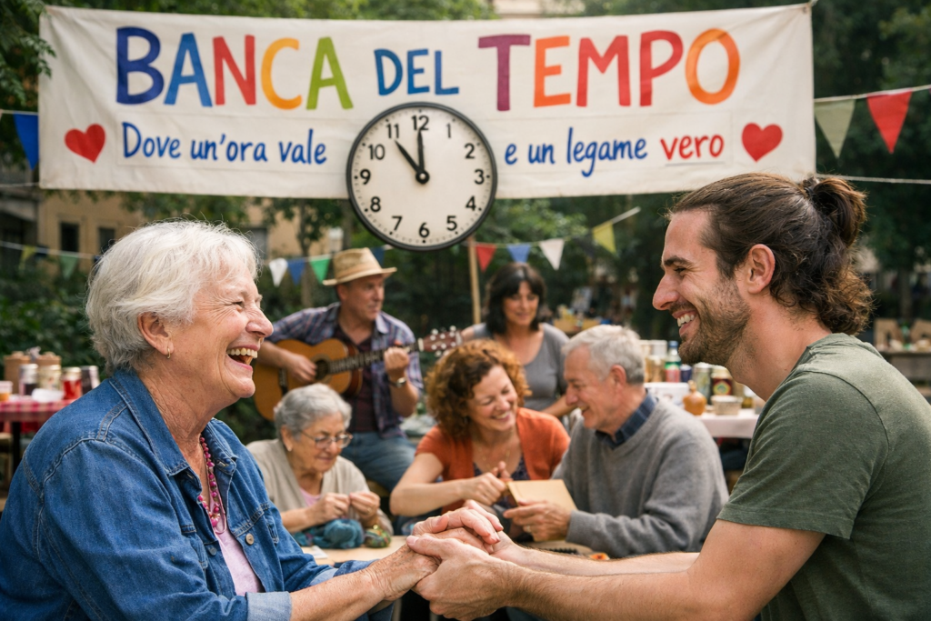 Immagine: Due persone di età diversa sedute a un tavolo parlano sorridendo in uno spazio comunitario luminoso, simbolo di scambio di tempo e competenze. Banca del tempo dove un'ora vale un sorriso e un legame vero