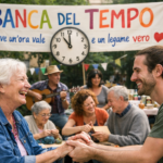 Immagine: Due persone di età diversa sedute a un tavolo parlano sorridendo in uno spazio comunitario luminoso, simbolo di scambio di tempo e competenze. Banca del tempo dove un'ora vale un sorriso e un legame vero