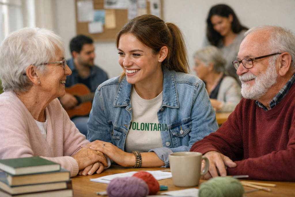 Immagine: Volontaria giovane conversa sorridendo con due anziani seduti a un tavolo in uno spazio comunitario, simbolo di solidarietà e Banca del Temp