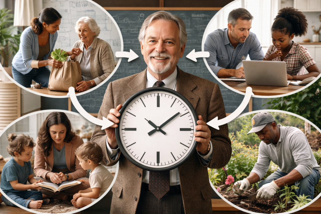 Immagine: Persone di età diverse che si aiutano e condividono tempo insieme, simbolo di solidarietà, relazioni umane, 