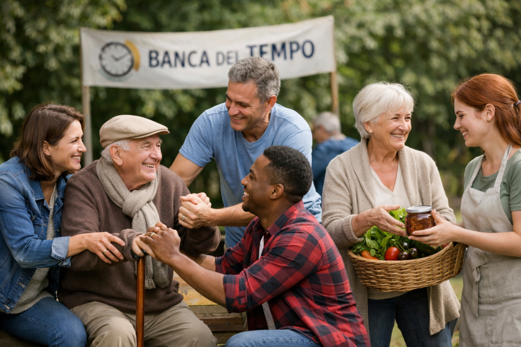Immagine: Gruppo intergenerazionale che collabora e si sostiene reciprocamente, rappresentazione di comunità, aiuto reciproco e legami umani.