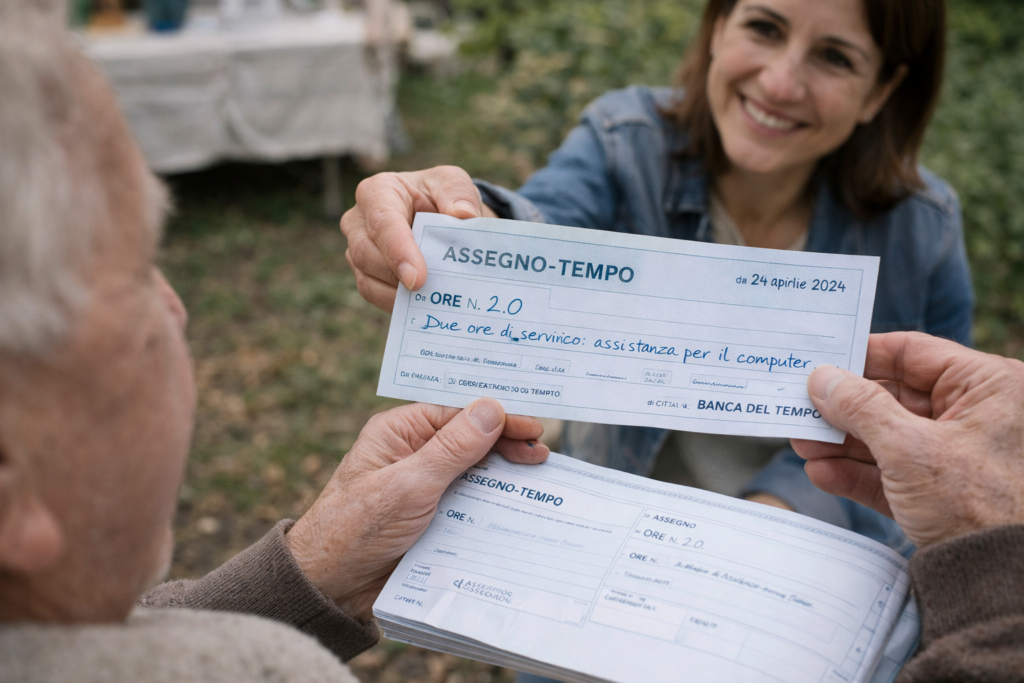 Immagine: Persone di età diverse che si aiutano e condividono tempo insieme in un contesto quotidiano, espressione di solidarietà, relazioni umane e supporto reciproco con assegni (rappresentano la BDT)