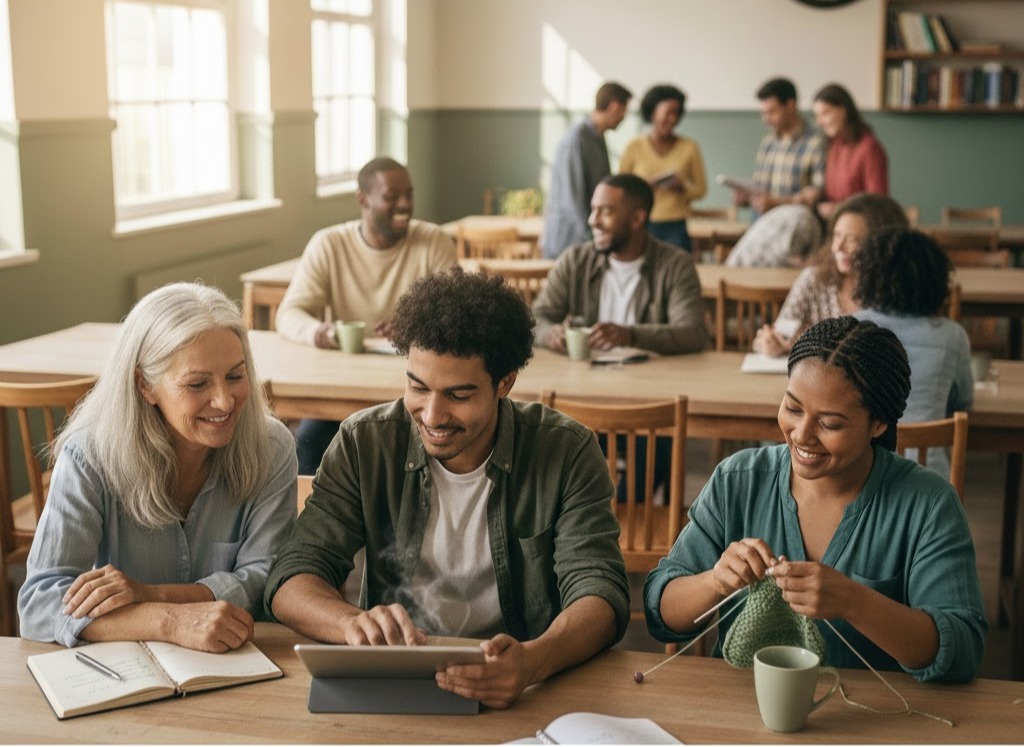 Immagine: Persone di età diverse che si aiutano e condividono tempo insieme in un contesto quotidiano, espressione di solidarietà, relazioni umane e supporto reciproco