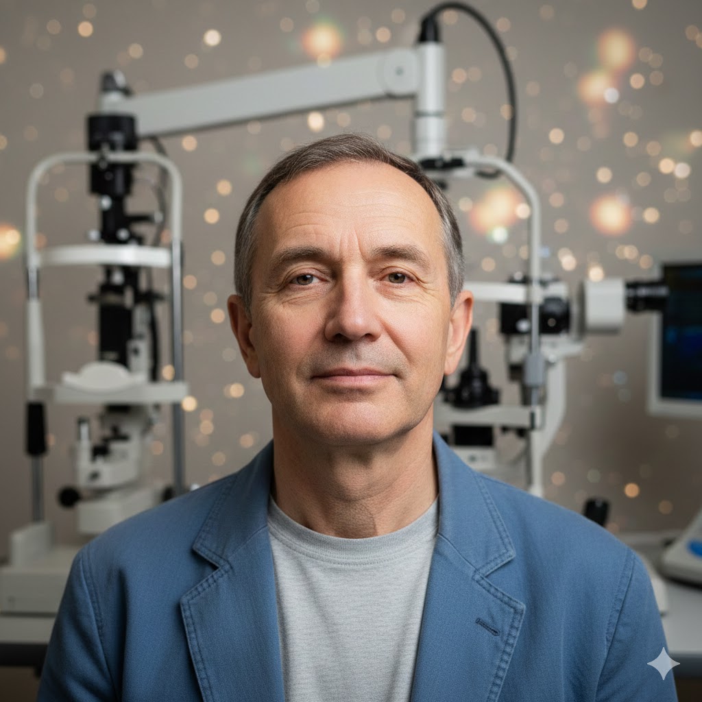 Ritratto fotografico orizzontale di un uomo cieco, anziano e dignitoso, ripreso a mezzo busto in uno studio di oftalmologia. L'uomo è vestito in modo semplice, guarda verso la fotocamera con uno sguardo naturalmente defocalizzato e un'espressione calma. Sullo sfondo, leggermente sfocati, si vedono strumenti medici come una lampada a fessura. La scena è illuminata da leggeri aloni luminosi e bagliori bokeh che fluttuano nell'aria dietro la figura, simboleggiando che la cecità non è buio totale.