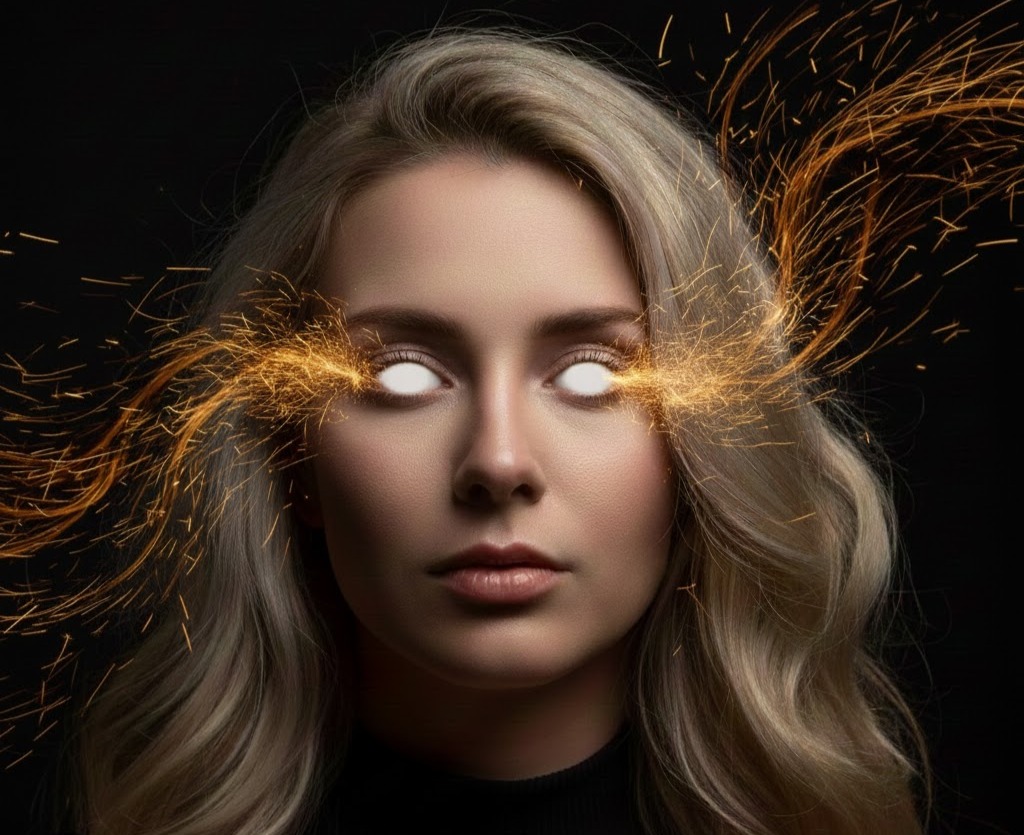 Immagine: Ritratto fotografico orizzontale di una donna bionda su sfondo nero, con inquadratura dal busto in su. Le sue iridi sono completamente bianche e spente, simulando la velatura della cecità, ma una perdita di funzionalità. Scintille dorate e dinamiche arrivano ai suoi occhi. La cecità non è buio Assoluto. 
