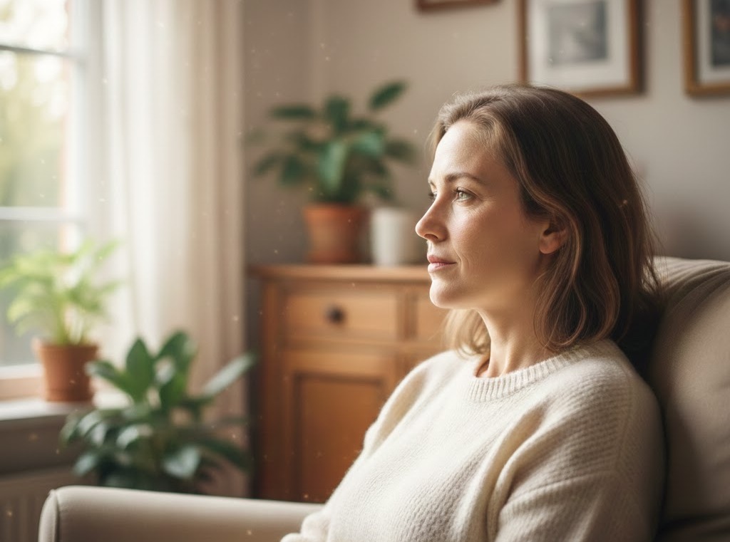 Donna non vedente seduta nel suo soggiorno illuminata dalla luce naturale. Ritratto di profilo con espressione serena con occhi velati. i riflessi morbidi sullo sfondo ci ricorda che la cecità non è buio assoluto