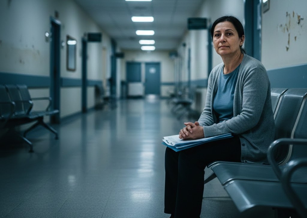 Immagine: donna seduta in una sala d’attesa di un ospedale pubblico, stringe una cartella clinica tra le mani e guarda nel vuoto con uno sguardo stanco ma consapevole; attorno a lei luci fredde, sedie vuote e personale medico sullo sfondo. La scena richiama il tema violenza sulla donne: ogni passo conta per femarla, mostrando l’isolamento, la mancanza di ascolto e il peso della violenza istituzionale sulla salute femminile.