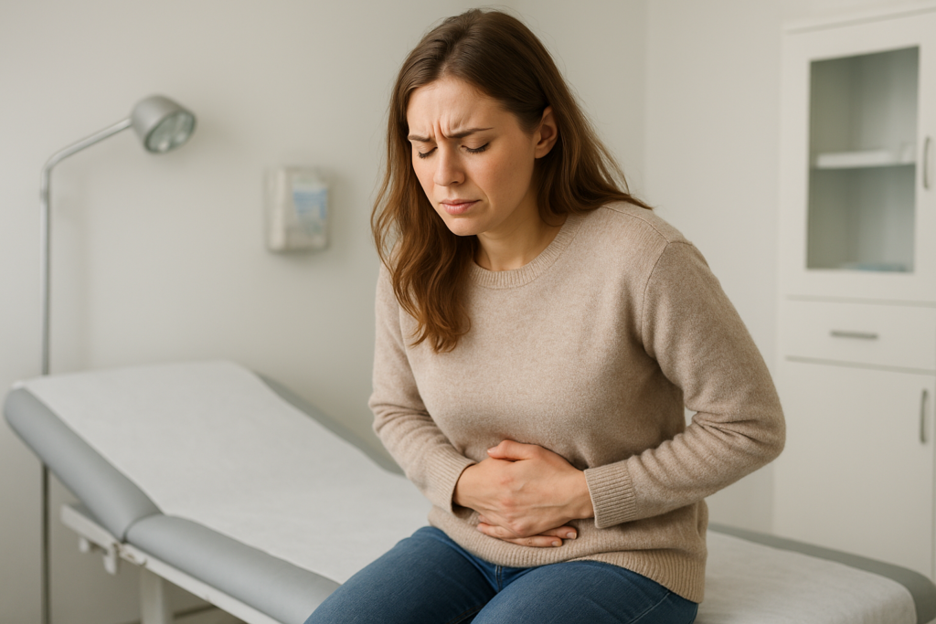 Immagine: Donna che si tiene la pancia dolorante in unambulatorio medico