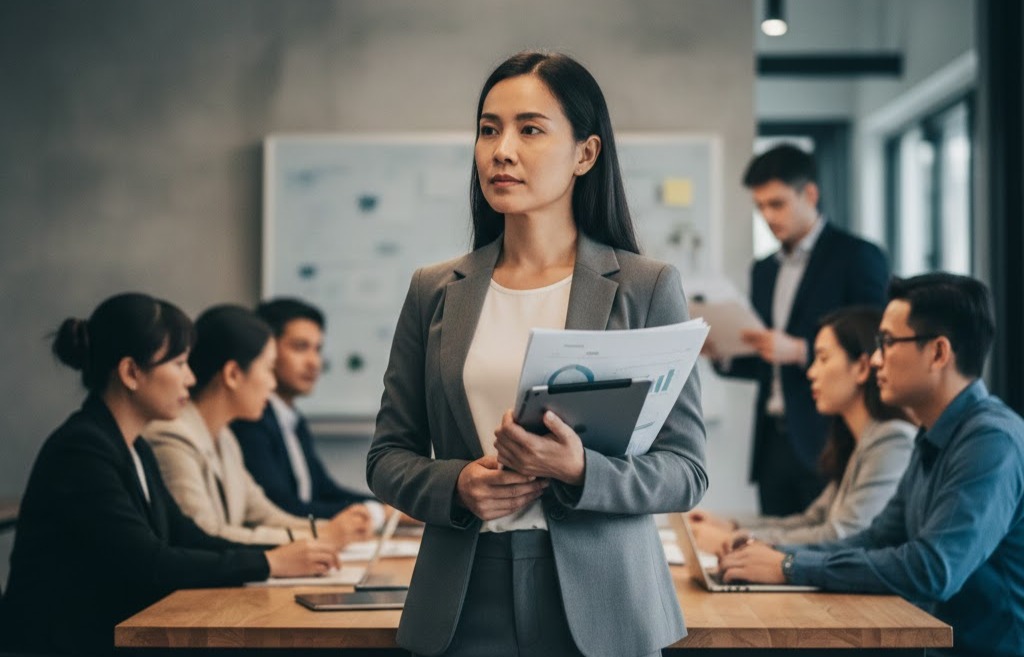 Immagine: donna professionista in ufficio o spazio urbano, con sguardo deciso e postura fiera, mentre tiene documenti o tablet; la scena rappresenta la lotta contro la violenza di genere e la necessità di riconoscere la parità e la dignità femminile.