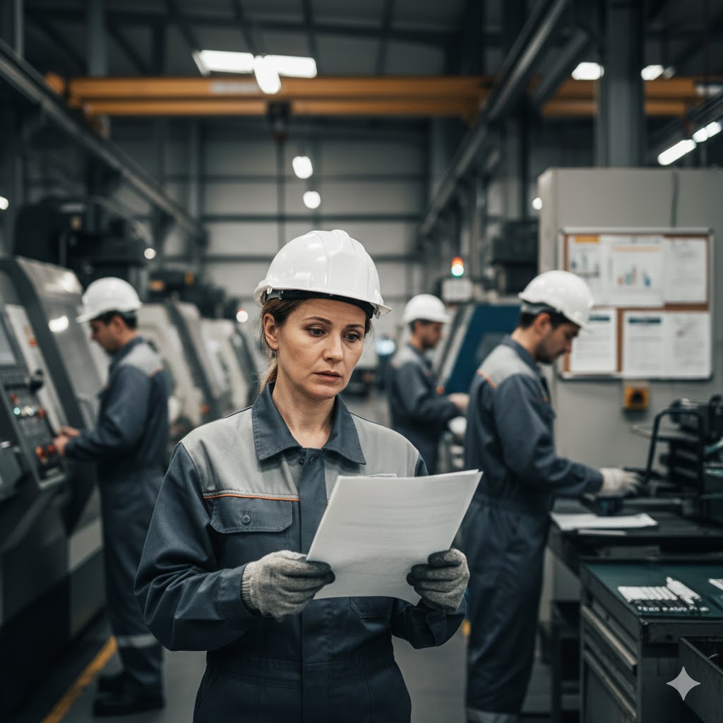 Immagine: donna operaia in una fabbrica, colta mentre tiene tra le mani un questionario aziendale destinato solo a lei, lo sguardo serio e stanco; attorno a lei colleghi uomini al lavoro, macchinari e catene di montaggio sullo sfondo. La scena rappresenta il gender pay gap e le discriminazioni implicite sul lavoro, evocando la violenza sulle donne: ogni azione conta per fermarla.