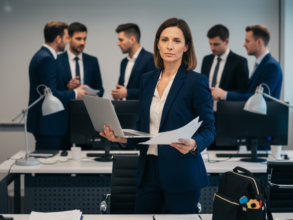 Immagine: donna professionista in ufficio, con espressione determinata ma stanca, circondata da colleghi uomini sfocati; un piccolo oggetto sullo sfondo richiama la maternità. La scena rappresenta la discriminazione sul lavoro e la violenza sulle donne: ogni azione conta per fermarla.