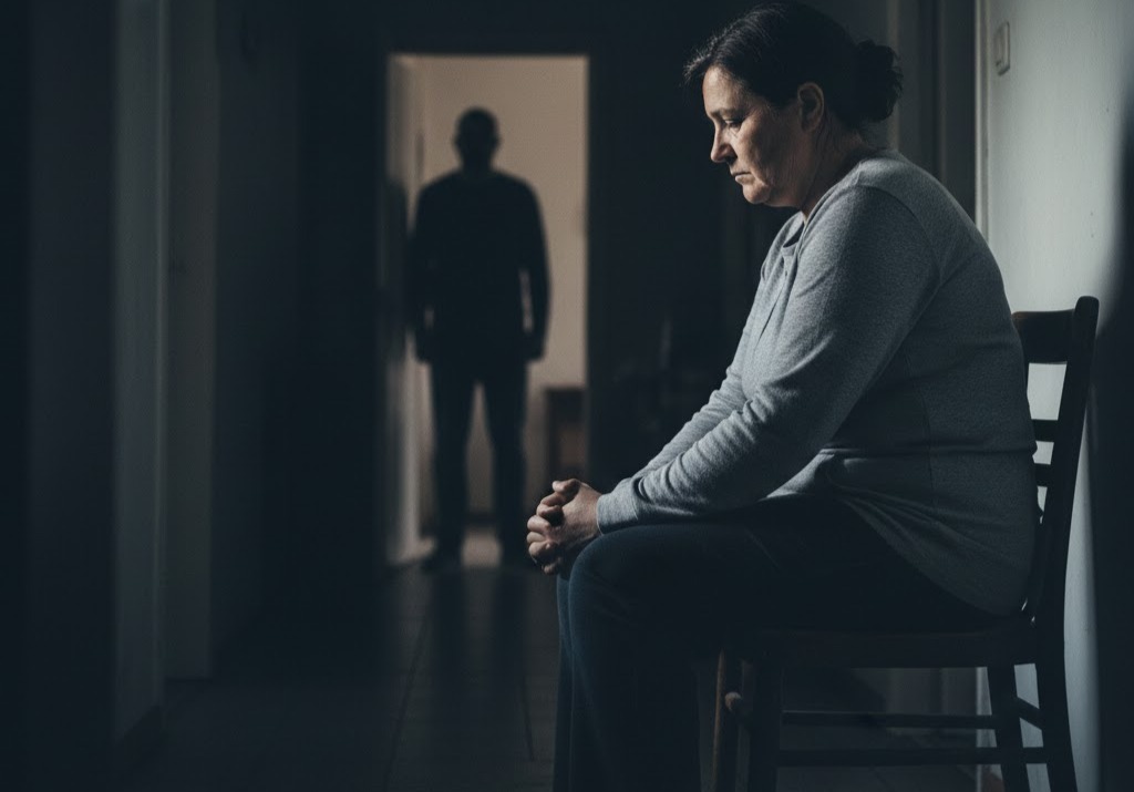 Immagine: donna adulta con sguardo abbattuto e postura chiusa, in uno spazio urbano o domestico, con una presenza maschile sfocata sullo sfondo che suggerisce controllo. La scena rappresenta la violenza sistemica contro le donne e ricorda che la violenza sulle donne: ogni azione conta per fermarla.