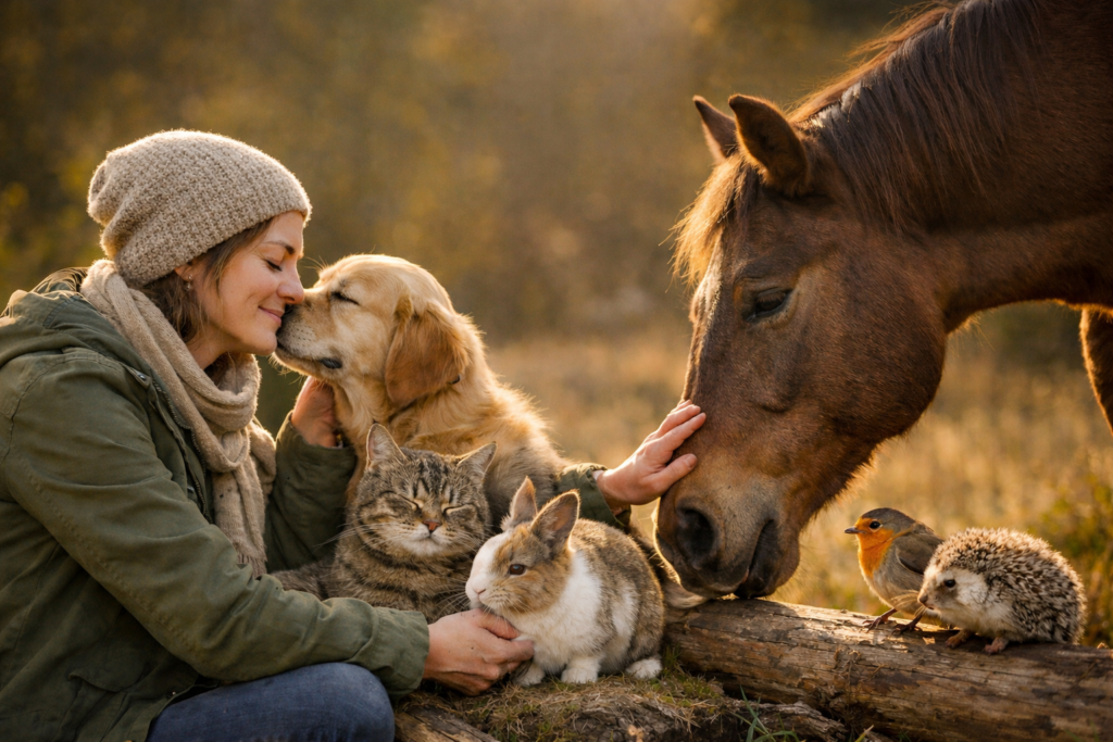 immagine: Donna sorridente all’aperto accarezza un cane, un gatto, un coniglio e un cavallo in un momento di armonia con gli animali, simbolo di gratitudine, empatia e connessione con la natura.