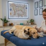 Immagine: Cane labrador color miele e gatto siamese sdraiati su lettino da massaggio con aghi da agopuntura. Sullo sfondo, mappa dei meridiani di cane e atto. Agopuntura veterinaria per cane e Gatto