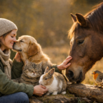 immagine: Donna sorridente all’aperto accarezza un cane, un gatto, un coniglio e un cavallo in un momento di armonia con gli animali, simbolo di gratitudine, empatia e connessione con la natura.