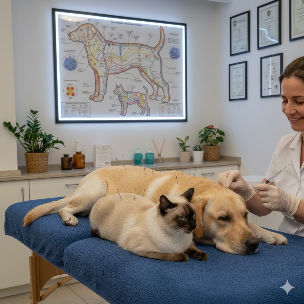 Immagine: Cane labrador color miele e gatto siamese sdraiati su lettino da massaggio con aghi da agopuntura. Sullo sfondo, mappa dei meridiani di cane e atto. Agopuntura veterinaria per cane e Gatto