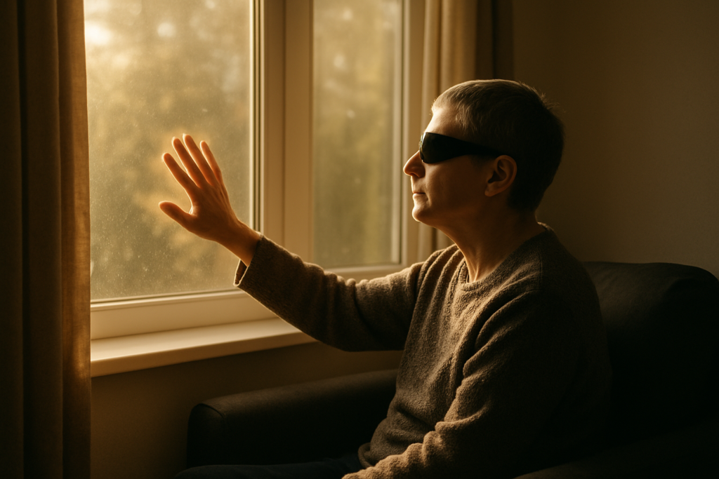Immagine: una persona con occhiali scuri è seduta accanto a una finestra e alza una mano verso il vetro illuminato dalla luce del sole. La cecità non è buoi totale, perché la luce calda entra dalla finestra e illumina il profilo del viso. Sono visibili la finestra, una tenda laterale e parte di una poltrona in un ambiente interno.