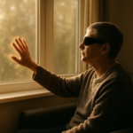 Immagine: una persona con occhiali scuri è seduta accanto a una finestra e alza una mano verso il vetro illuminato dalla luce del sole. La cecità non è buoi totale, perché la luce calda entra dalla finestra e illumina il profilo del viso. Sono visibili la finestra, una tenda laterale e parte di una poltrona in un ambiente interno.