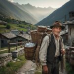 Immagine; Acciugaio piemontese con gerla di acciughe cammina tra le montagne alpine, simbolo del commercio che portava il mare in Piemonte.