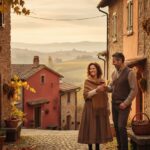 Immagine; Momento autunnale di San Martino: due persone condividono vino novello tra borgo, vigneti e tradizioni italiane calde e conviviali