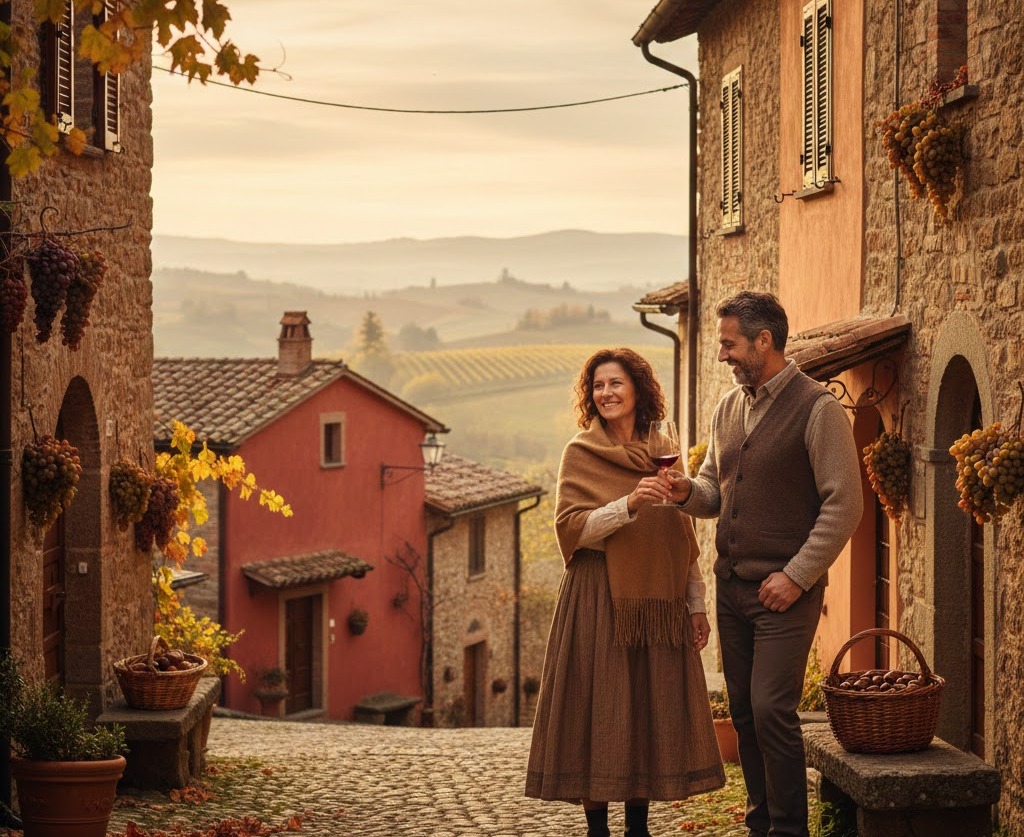 Immagine; Momento autunnale di San Martino: due persone condividono vino novello tra borgo, vigneti e tradizioni italiane calde e conviviali