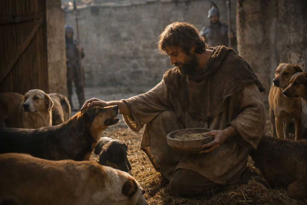 Immagine: Servo inginocchiato in un cortile antico nutre e accarezza un gruppo di cani mentre due guardie lo osservano sullo sfondo, simbolo di umanità, compassione e dignità di fronte al destino.