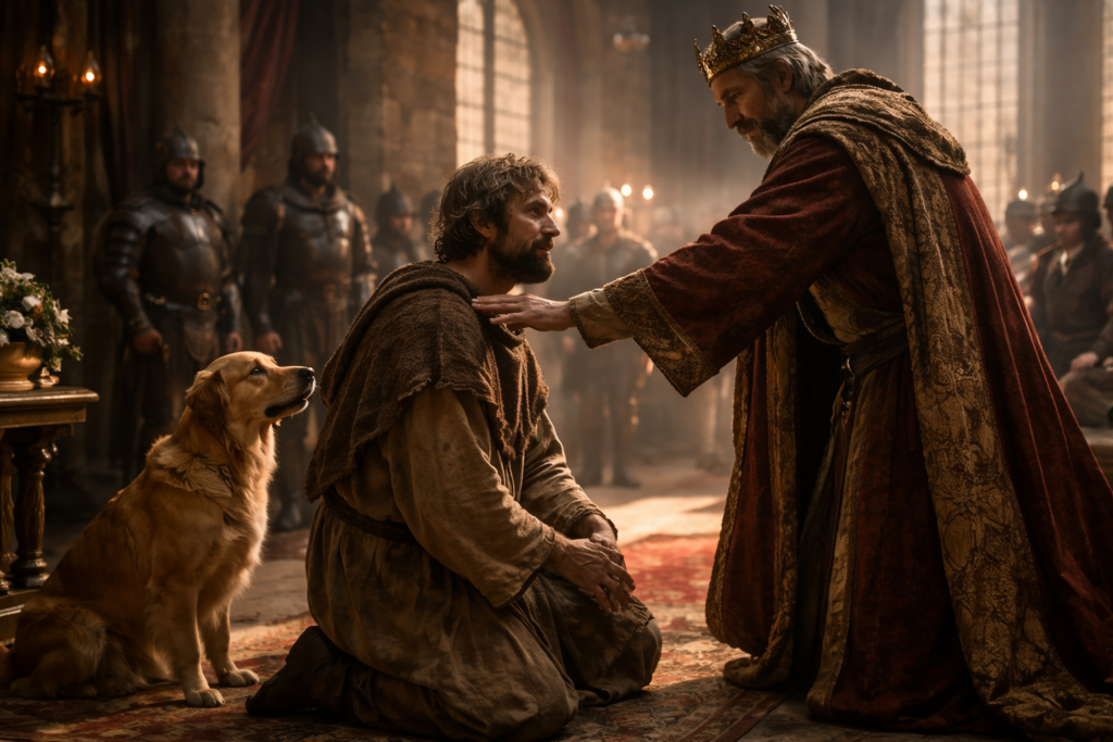 Immagine: Re medievale posa la mano sulla spalla di un servo inginocchiato in una sala del trono, mentre un cane osserva la scena e le guardie assistono sullo sfondo, simbolo di perdono, gratitudine e riconoscimento della fedeltà.
