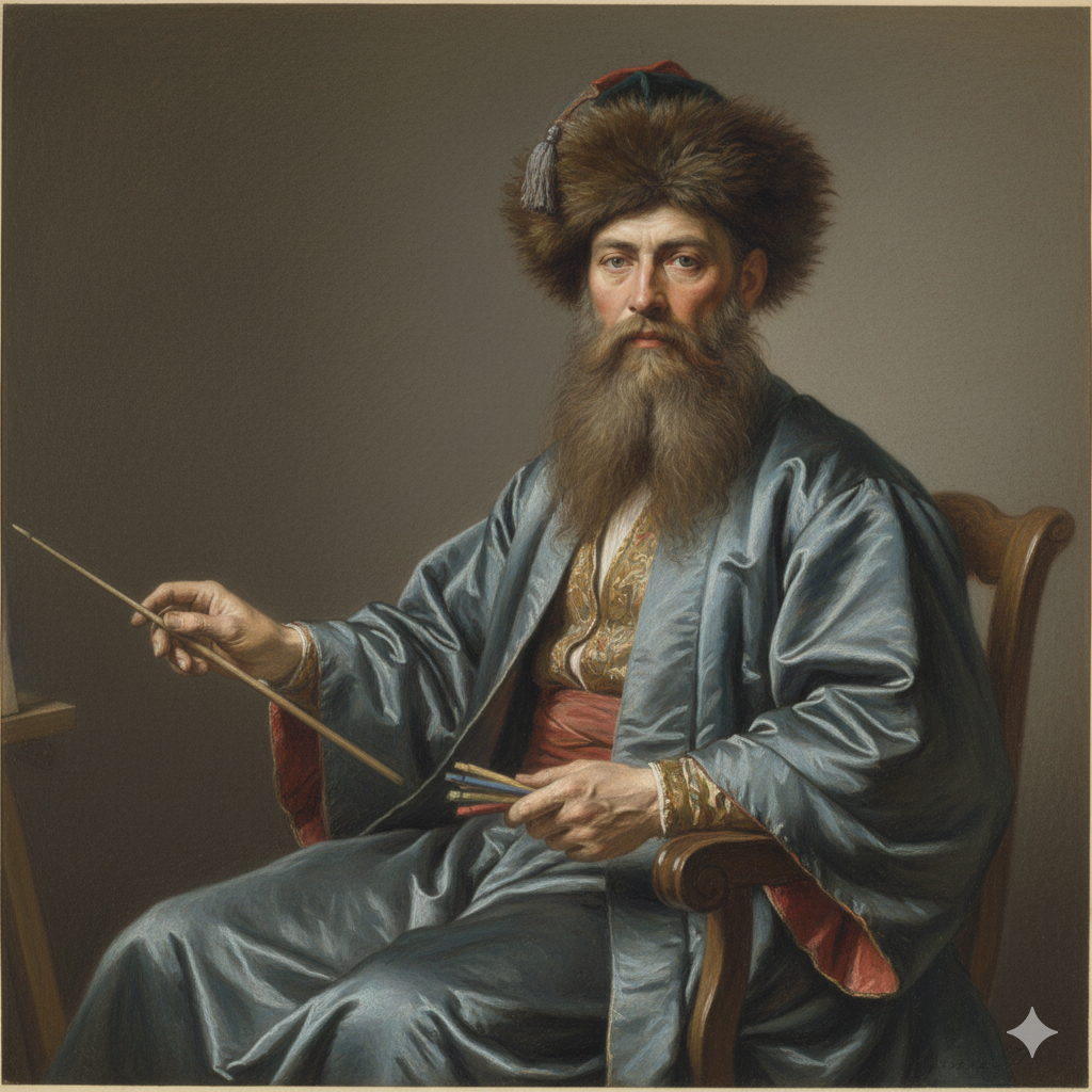 I Ritratti a Pastello Liotard. rappresenta un autoritratto con la barba lunga e abiti orientali.