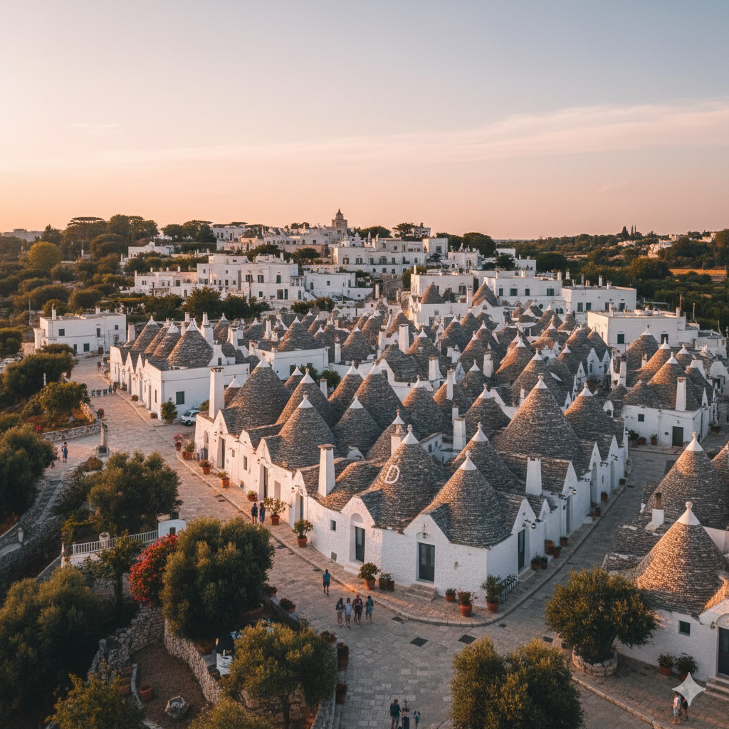 Patrimonio Dell’Umanità UNESCO. rappresenta il paese di Alberobello dove ci sono le costruzioni chiamate Trulli.