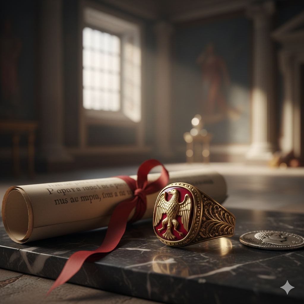 L'Evoluzione dei Gioielli Maschili. Eleganza e potere dell'Antica Roma rappresenta un anello con Aquila e un mano scritto