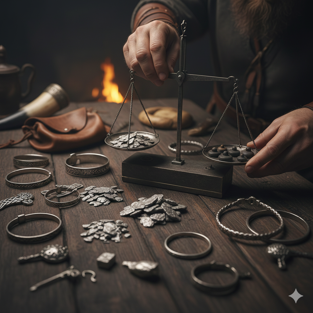 L'Evoluzione dei Gioielli Maschili. Il Metallo come Moneta dei Vichinghi, rappresenta un peso con i pesi e metallo e braccialetti, borsa in pelle e corno