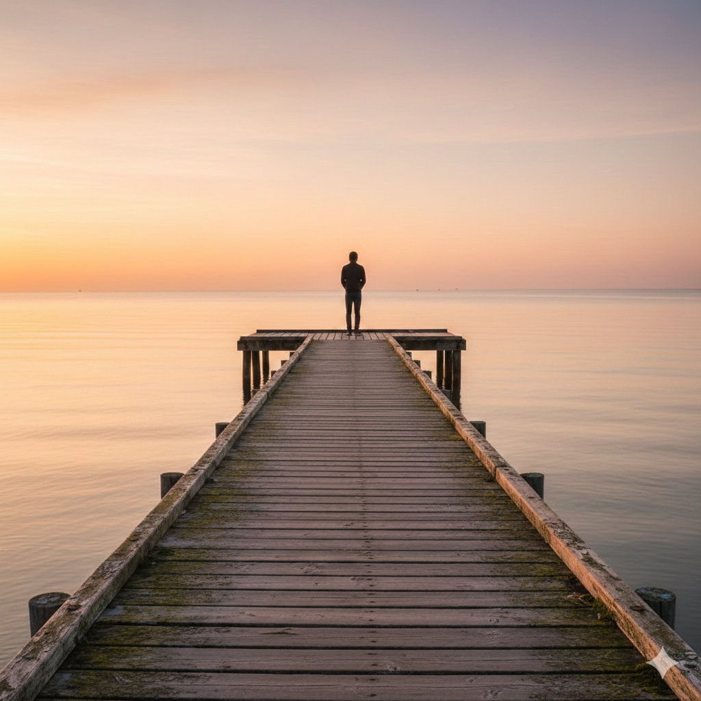 Solitudine a Scuola Isolamento. Rappresenta una persona su un pontile isolato.