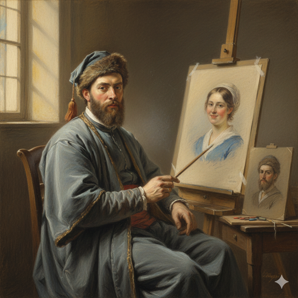 I Ritratti a Pastello Liotard. Rappresenta un autoritratto, dove lui dipinge e fa ritratti di persone.